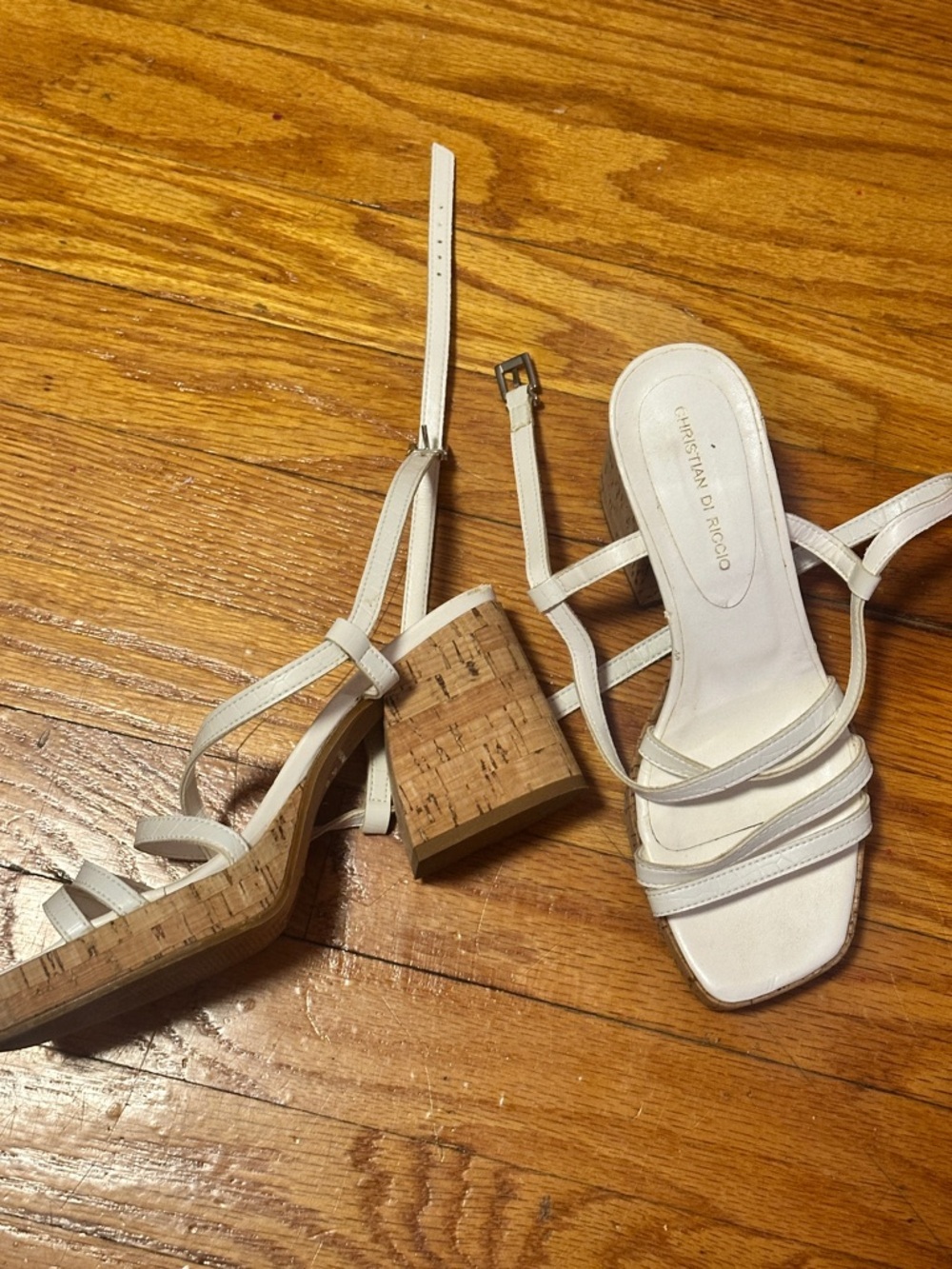 White Cork Block Heel Wedge Sandals